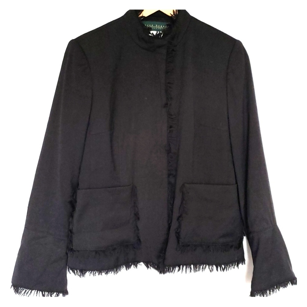 Harve Benard Black Collar-less Fringed Blazer Sz 6